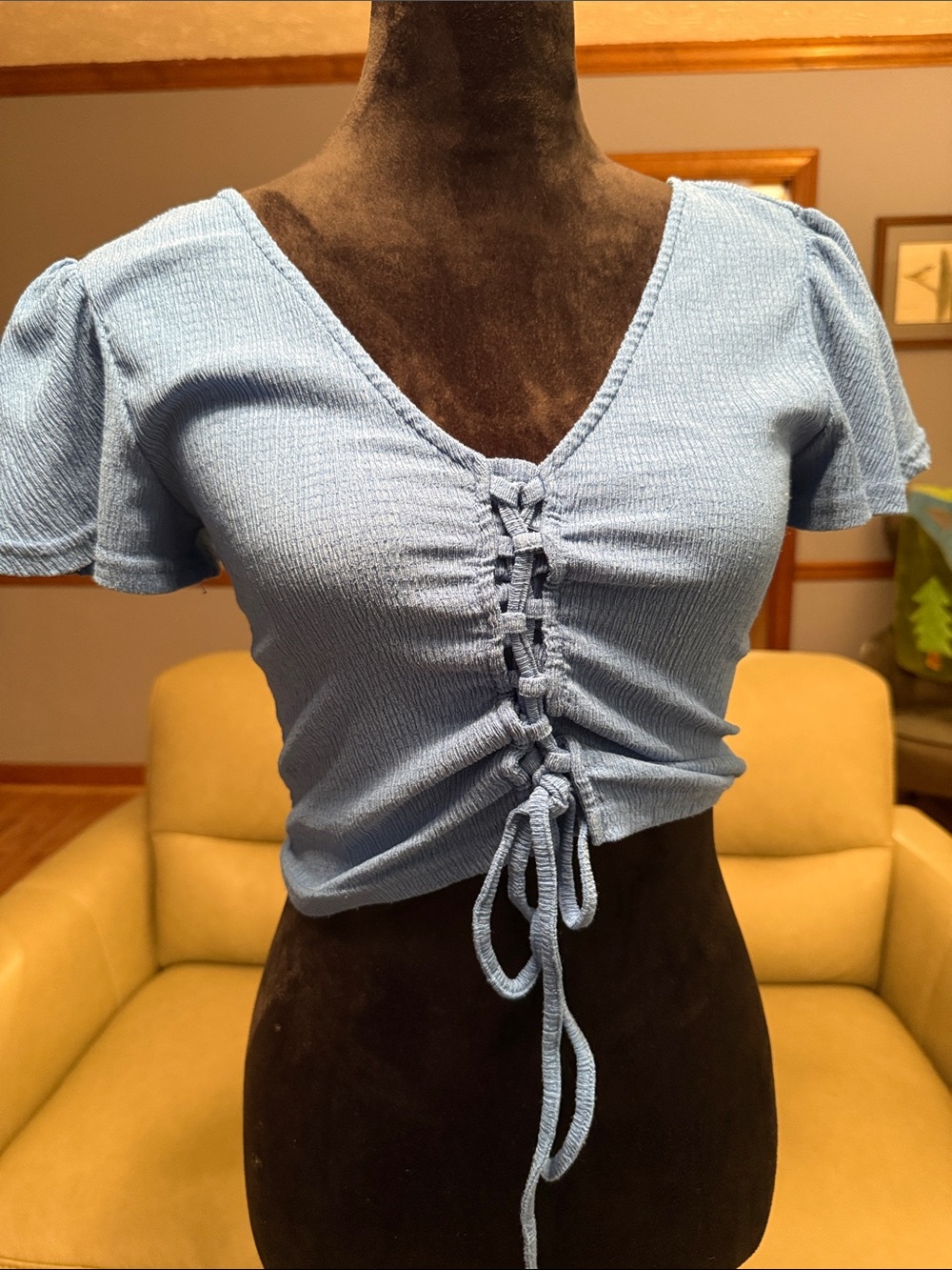 Urban Revivo Light Blue Ruched Tie-Front Crop Top